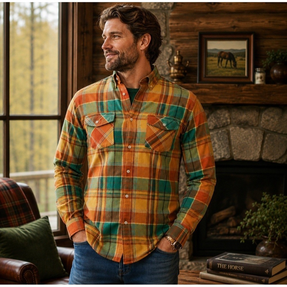 Ralph Lauren Custom Fit Plaid Shirt Mens Large Madras Orange Green Western Style